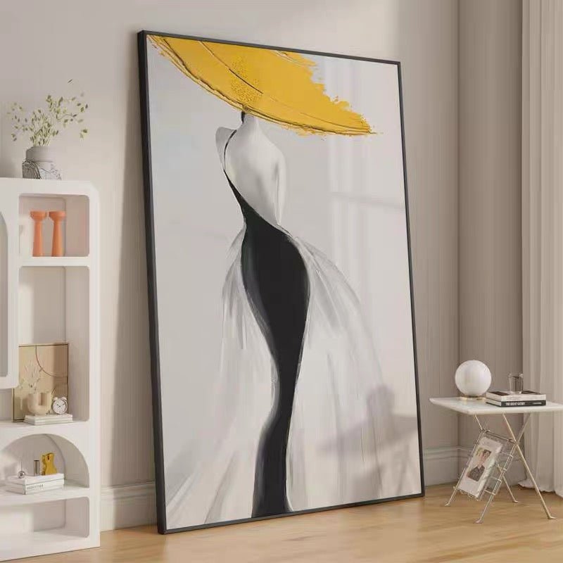 Peinture à l'huile abstraite femme moderne jaune - Toile artisanale nordique art - IVOIRART.COM