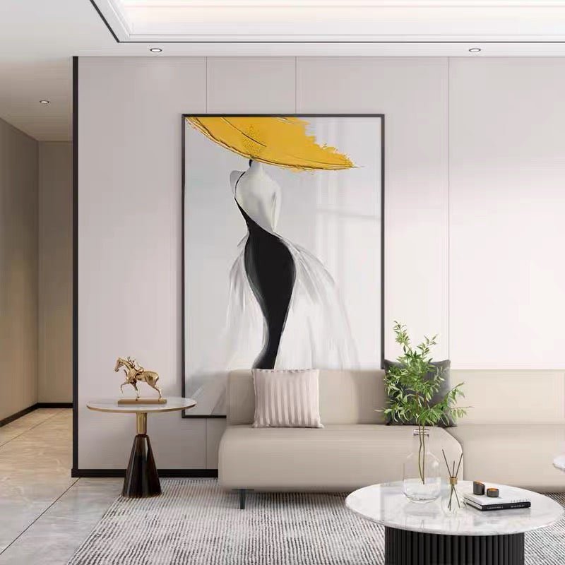 Peinture à l'huile abstraite femme moderne jaune - Toile artisanale nordique art - IVOIRART.COM