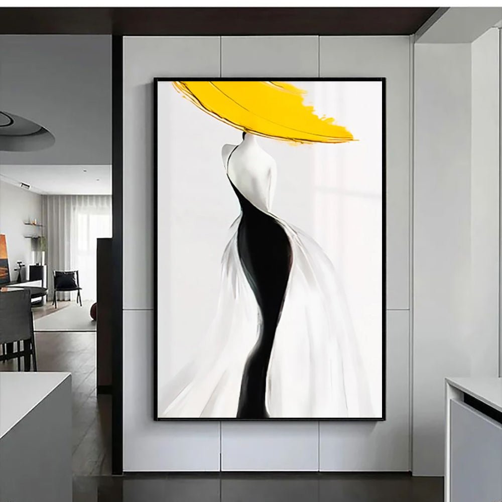 Peinture à l'huile abstraite femme moderne jaune - Toile artisanale nordique art - IVOIRART.COM