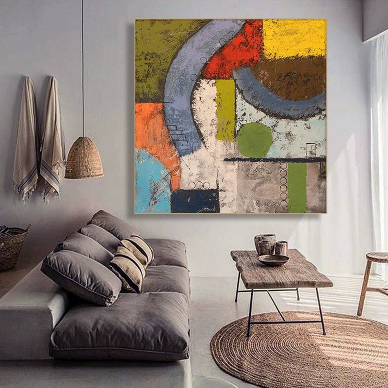 Peinture à l'huile abstraite médiévale sur toile, tableau carré fait main déco . - IVOIRART.COM