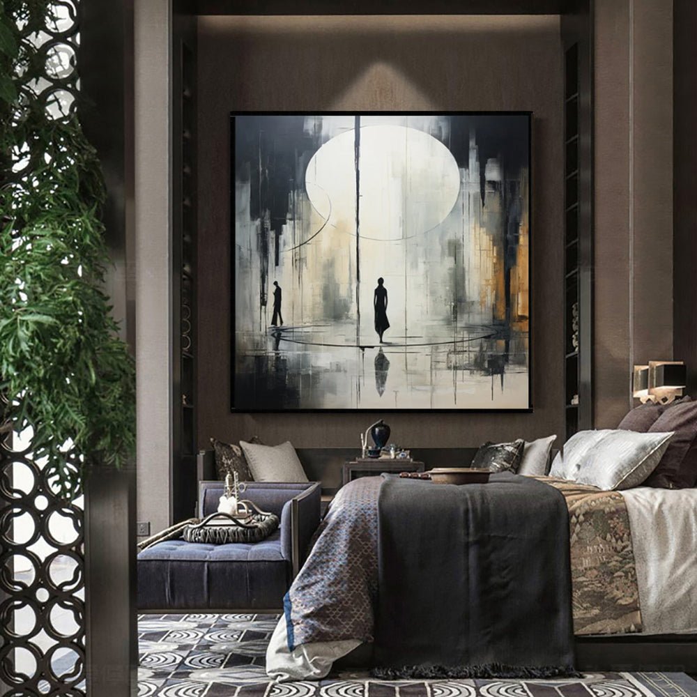 Peinture à l'huile abstraite noir et blanc sur toile, fait main, décor mural -XL - IVOIRART.COM