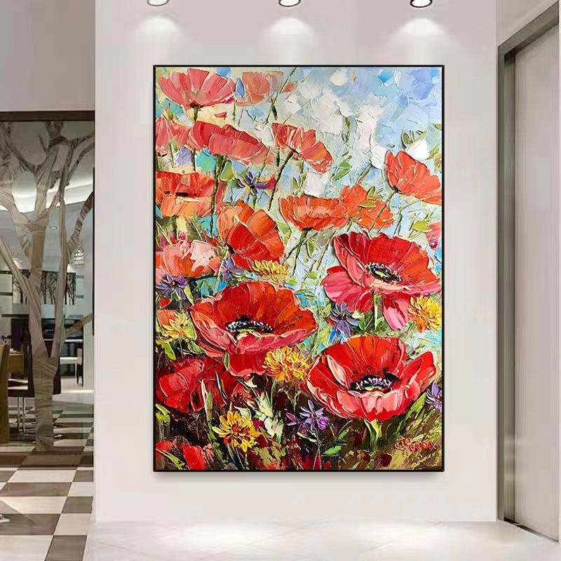 Peinture à l'huile fait main Fleurs rouges épaisses Toile pour salon sans cadre. - IVOIRART.COM