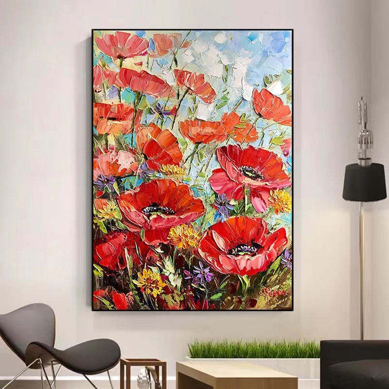 Peinture à l'huile fait main Fleurs rouges épaisses Toile pour salon sans cadre. - IVOIRART.COM