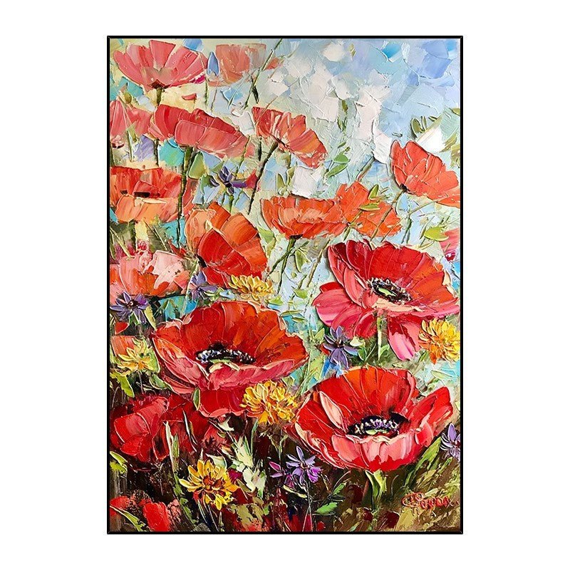 Peinture à l'huile fait main Fleurs rouges épaisses Toile pour salon sans cadre. - IVOIRART.COM