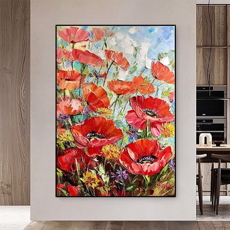 Peinture à l'huile fait main Fleurs rouges épaisses Toile pour salon sans cadre. - IVOIRART.COM