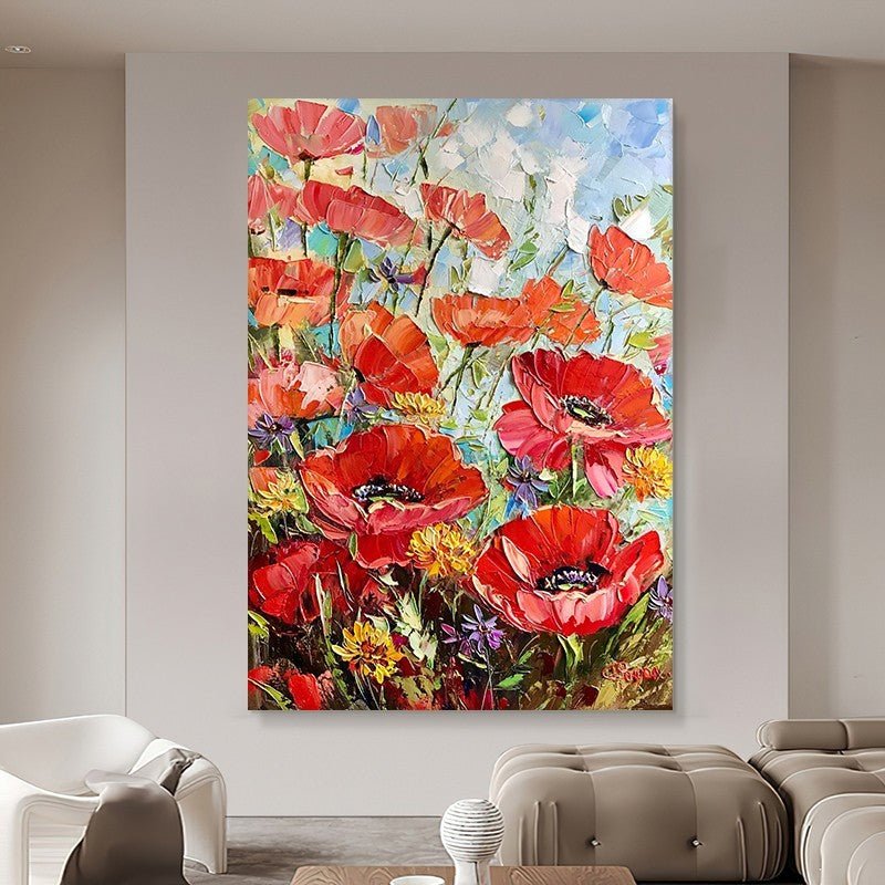 Peinture à l'huile fait main Fleurs rouges épaisses Toile pour salon sans cadre. - IVOIRART.COM