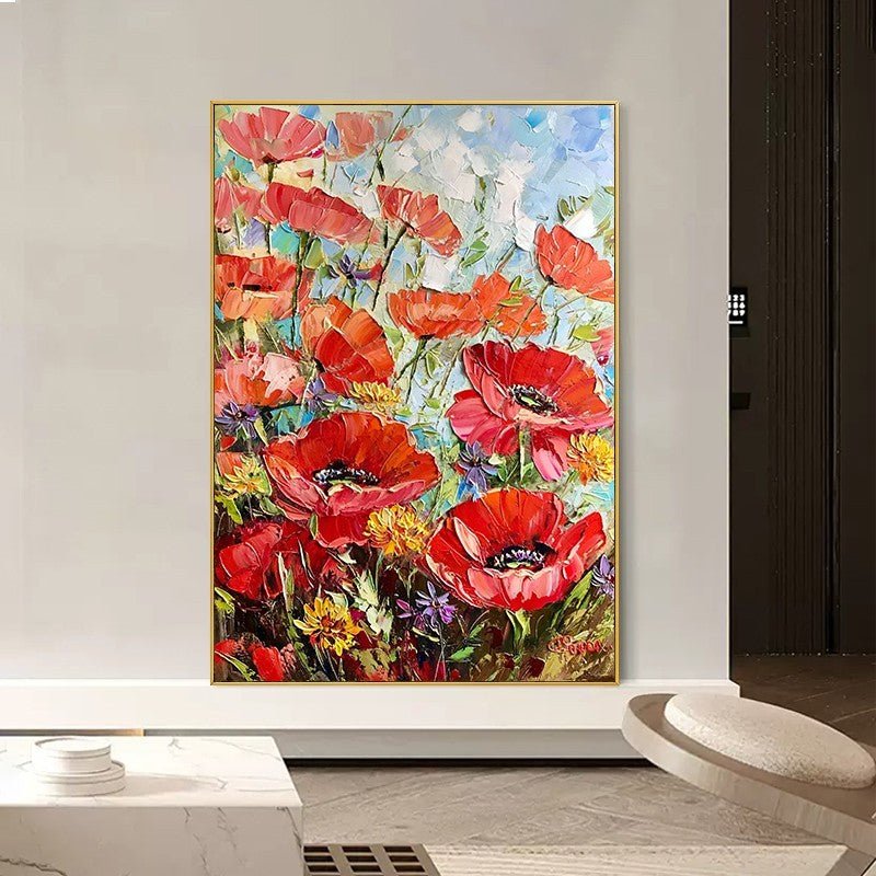 Peinture à l'huile fait main Fleurs rouges épaisses Toile pour salon sans cadre. - IVOIRART.COM