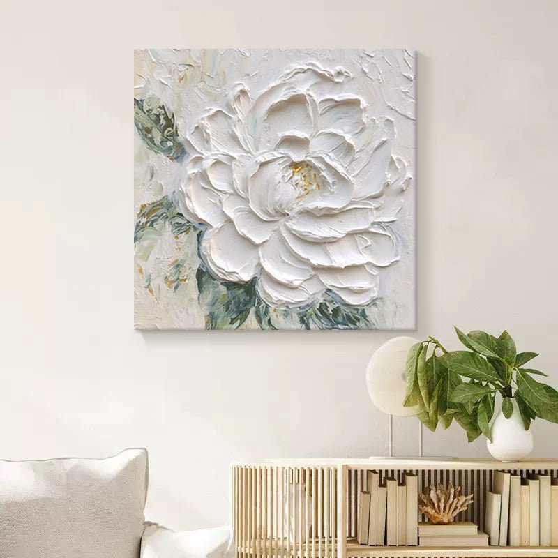 Peinture à l'huile peinte à la main Pivoine blanche texture épaisse 50x50/60x60! - IVOIRART.COM