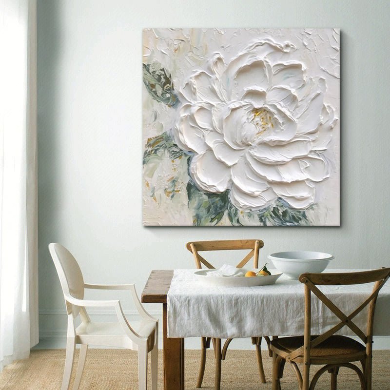 Peinture à l'huile peinte à la main Pivoine blanche texture épaisse 50x50/60x60! - IVOIRART.COM