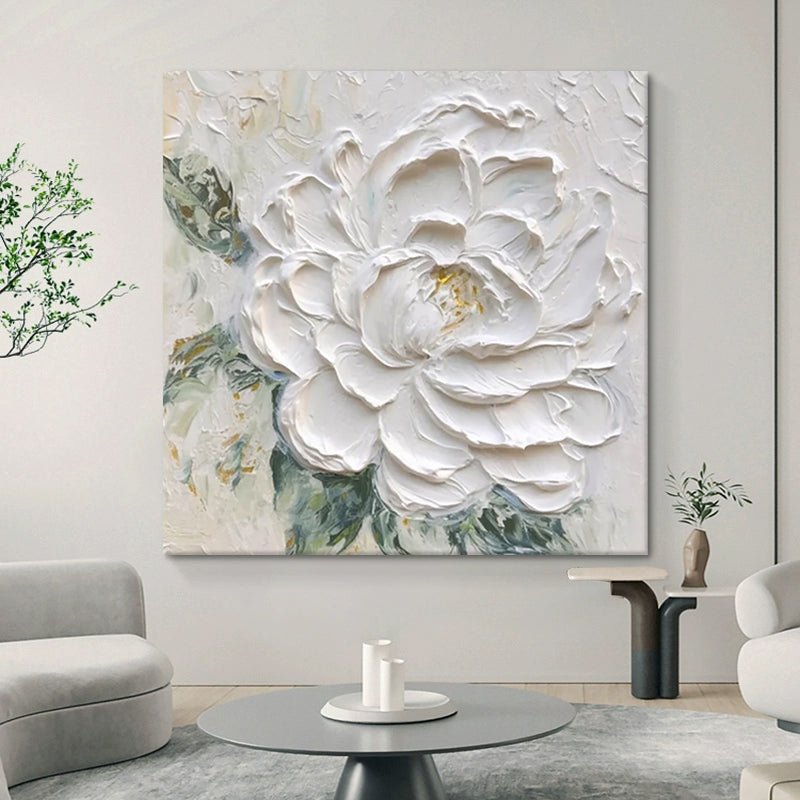 Peinture à l'huile peinte à la main Pivoine blanche texture épaisse 50x50/60x60! - IVOIRART.COM