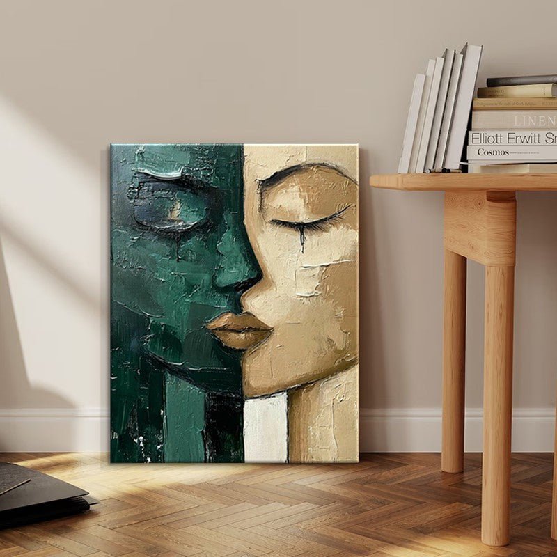 Peinture à l'huile peinte à la main Visage vert et beige, art moderne sur toile. - IVOIRART.COM