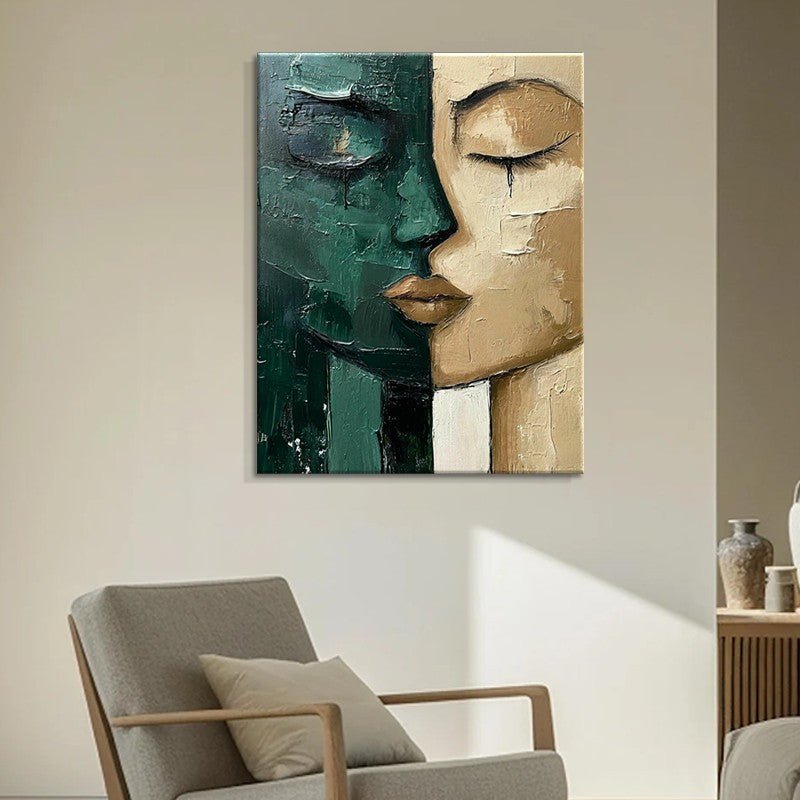 Peinture à l'huile peinte à la main Visage vert et beige, art moderne sur toile. - IVOIRART.COM
