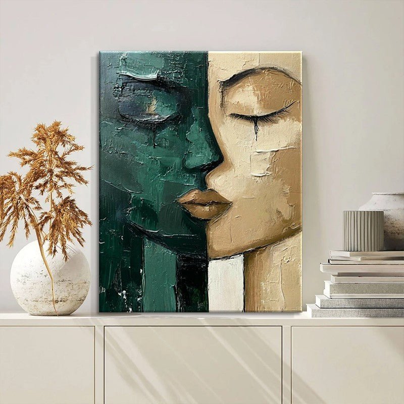 Peinture à l'huile peinte à la main Visage vert et beige, art moderne sur toile. - IVOIRART.COM