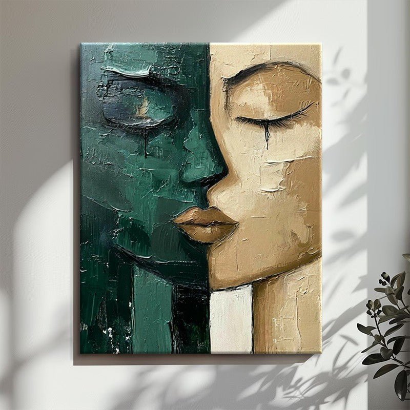 Peinture à l'huile peinte à la main Visage vert et beige, art moderne sur toile. - IVOIRART.COM