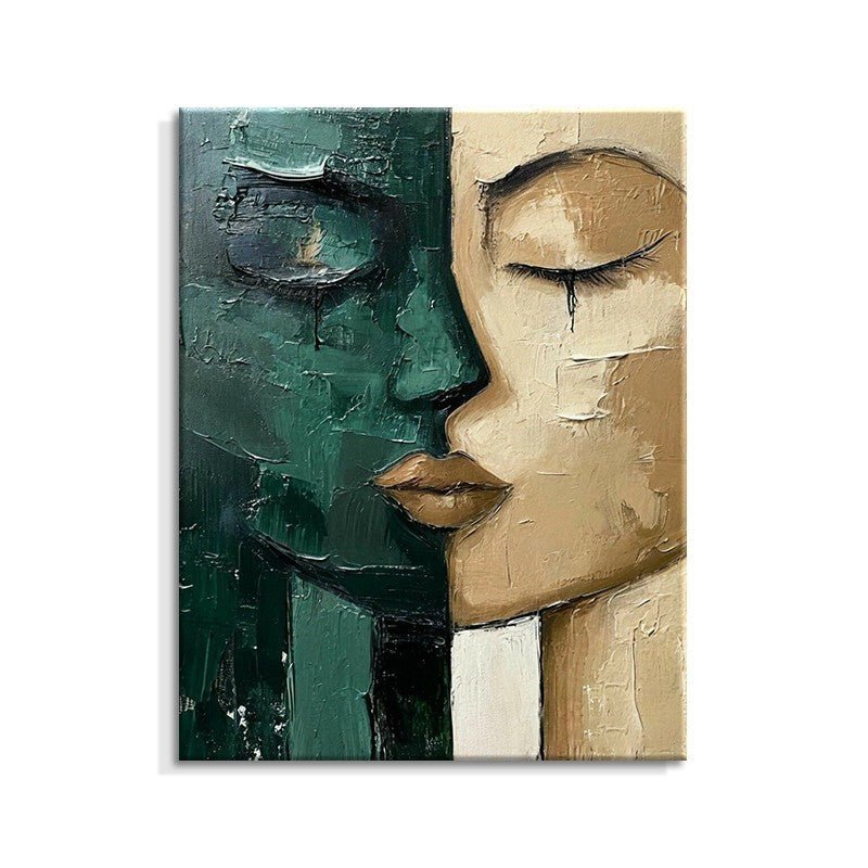 Peinture à l'huile peinte à la main Visage vert et beige, art moderne sur toile. - IVOIRART.COM