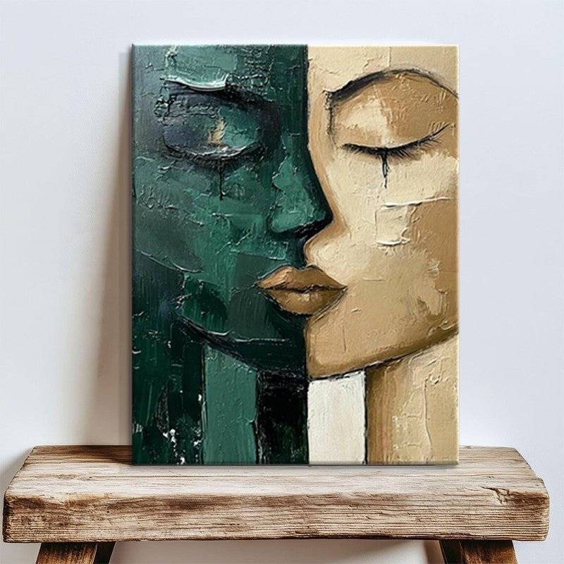 Peinture à l'huile peinte à la main Visage vert et beige, art moderne sur toile. - IVOIRART.COM