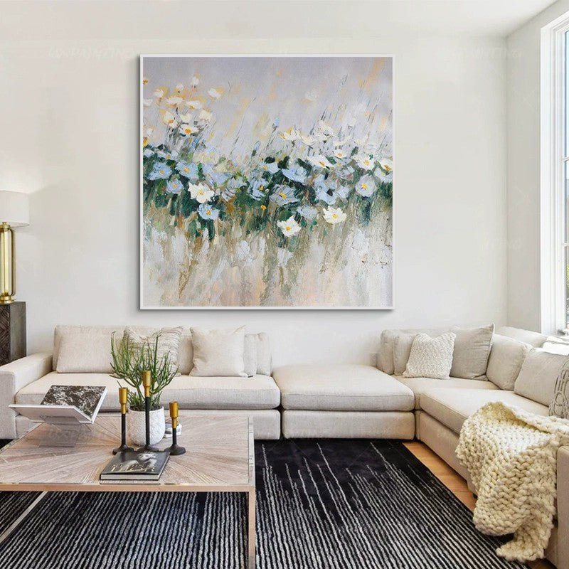 Peinture à l'huile sur toile faite main Fleur bleue Moderne Décor mural grand XL - IVOIRART.COM