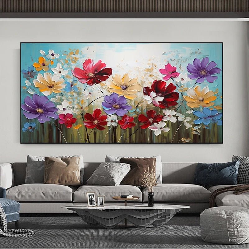 Peinture à l'huile sur toile faite main — Fleurs colorées pour déco maison 60x60 - IVOIRART.COM