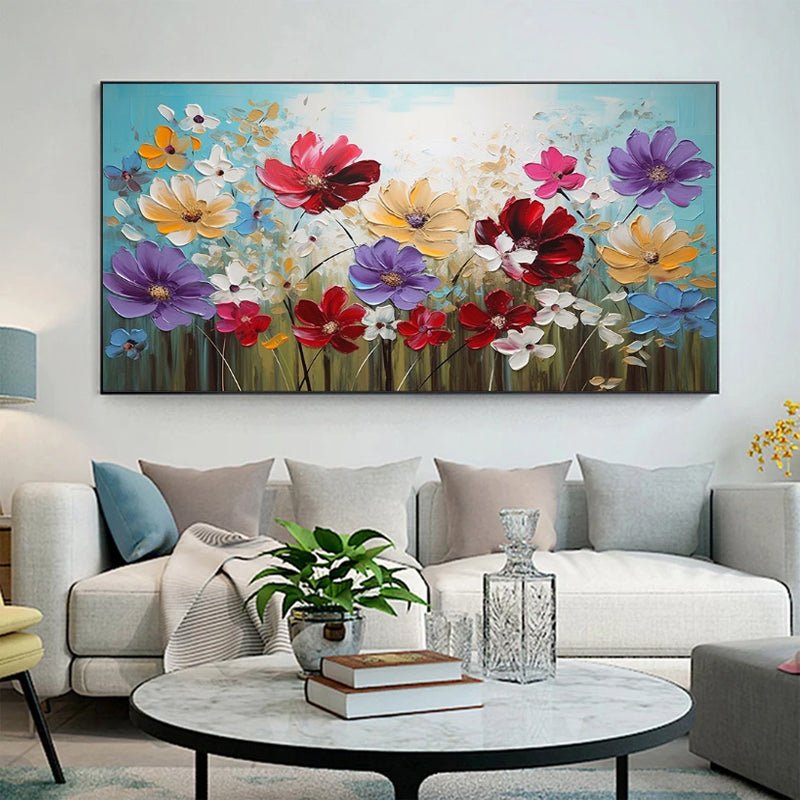 Peinture à l'huile sur toile faite main — Fleurs colorées pour déco maison 60x60 - IVOIRART.COM
