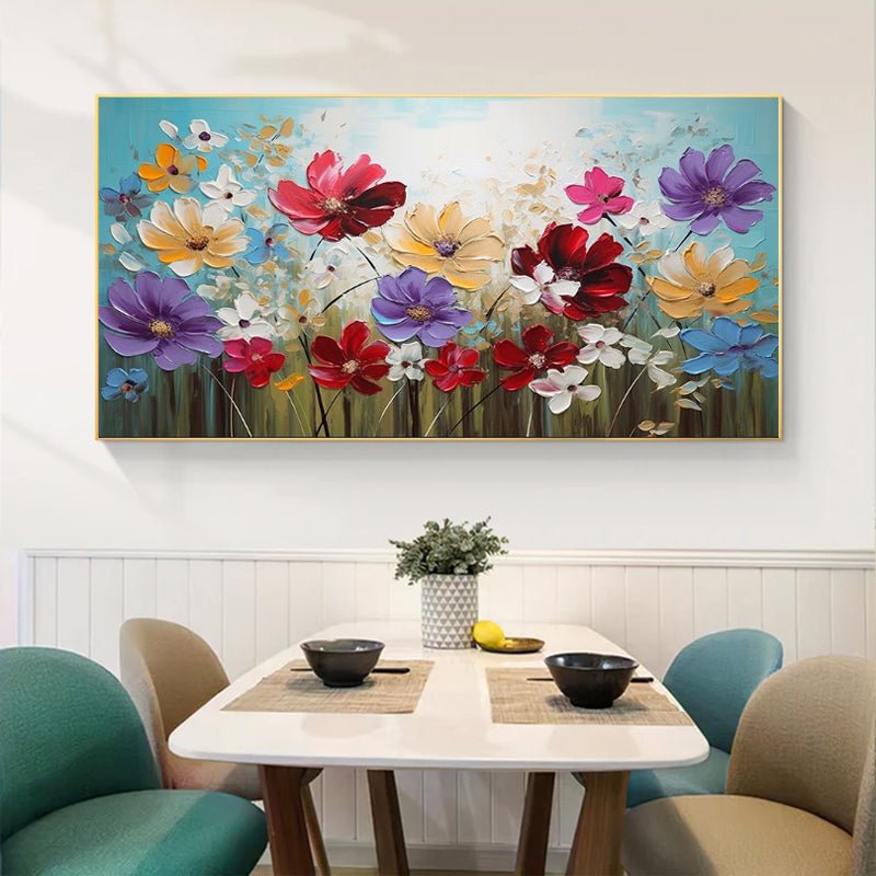 Peinture à l'huile sur toile faite main — Fleurs colorées pour déco maison 60x60 - IVOIRART.COM