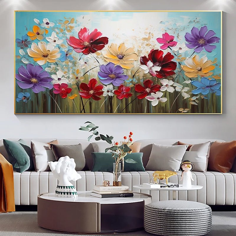 Peinture à l'huile sur toile faite main — Fleurs colorées pour déco maison 60x60 - IVOIRART.COM