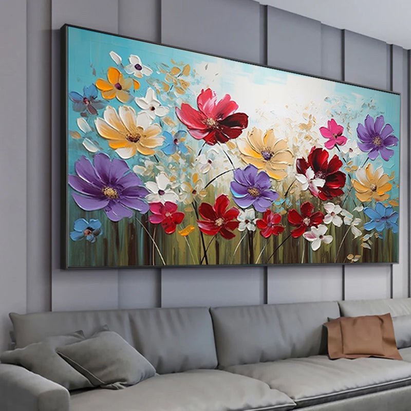 Peinture à l'huile sur toile faite main — Fleurs colorées pour déco maison 60x60 - IVOIRART.COM