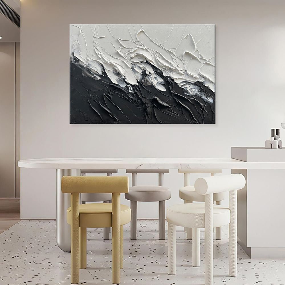 Peinture huile abstraite noire et blanche sur toile épaisse, fait main unique XL - IVOIRART.COM
