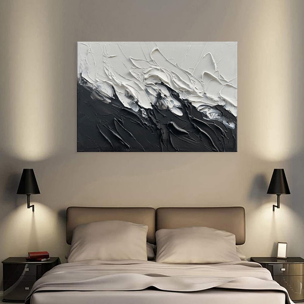 Peinture huile abstraite noire et blanche sur toile épaisse, fait main unique XL - IVOIRART.COM
