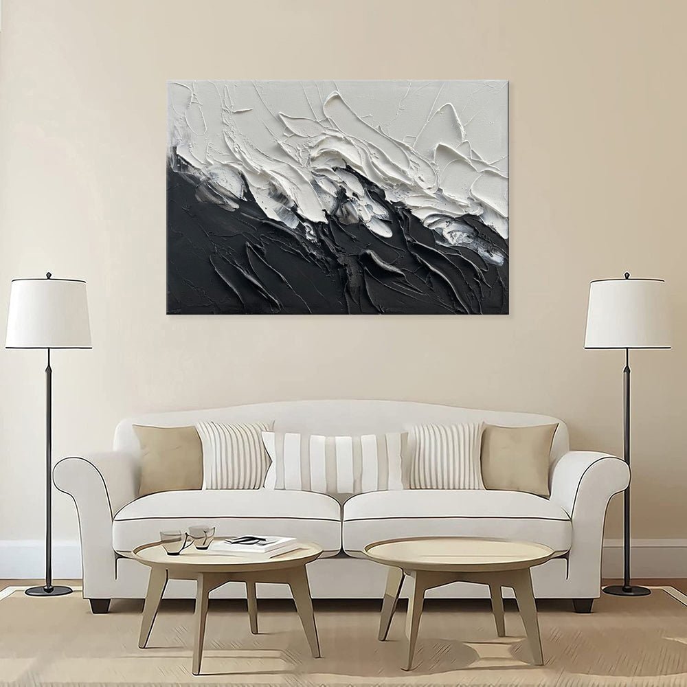 Peinture huile abstraite noire et blanche sur toile épaisse, fait main unique XL - IVOIRART.COM