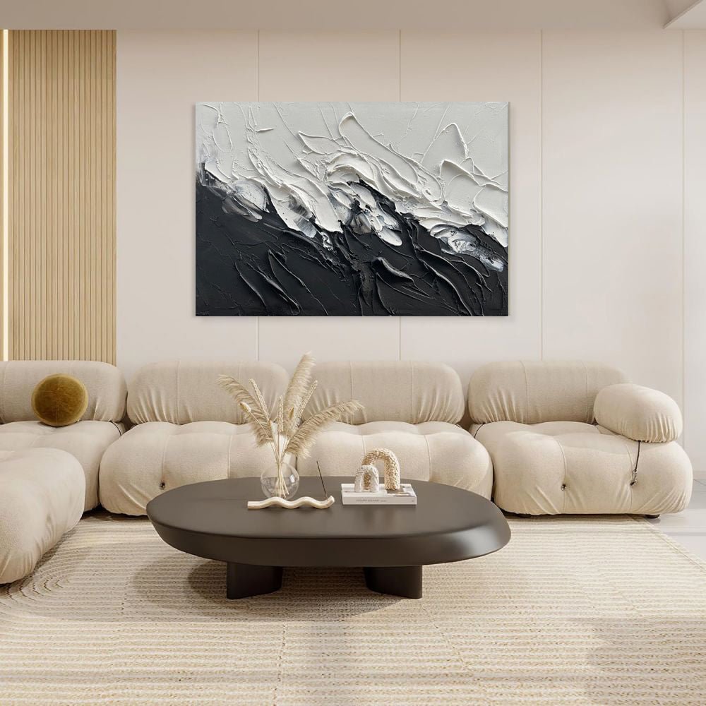 Peinture huile abstraite noire et blanche sur toile épaisse, fait main unique XL - IVOIRART.COM