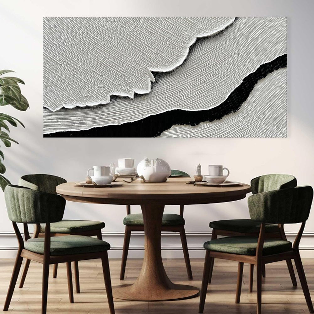 Peinture huile abstraite vagues marines noir et blanc toile murale horizontale XL - IVOIRART.COM
