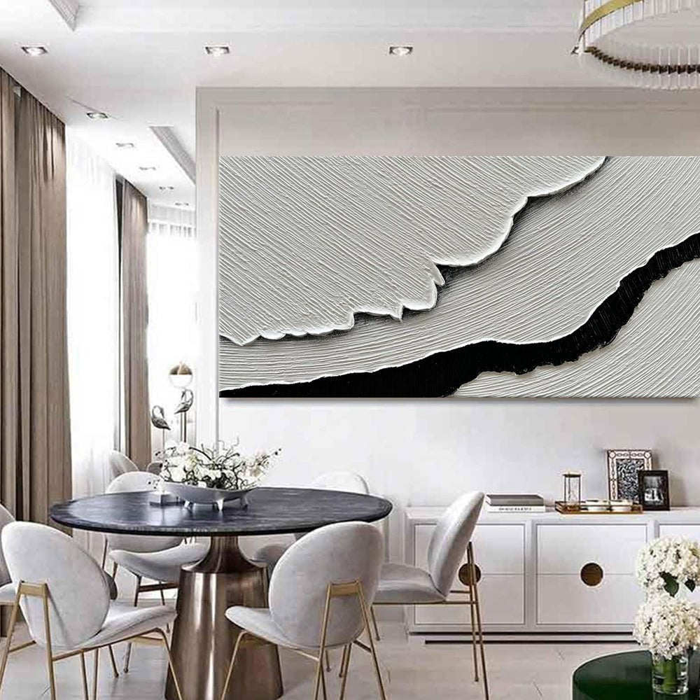 Peinture huile abstraite vagues marines noir et blanc toile murale horizontale XL - IVOIRART.COM