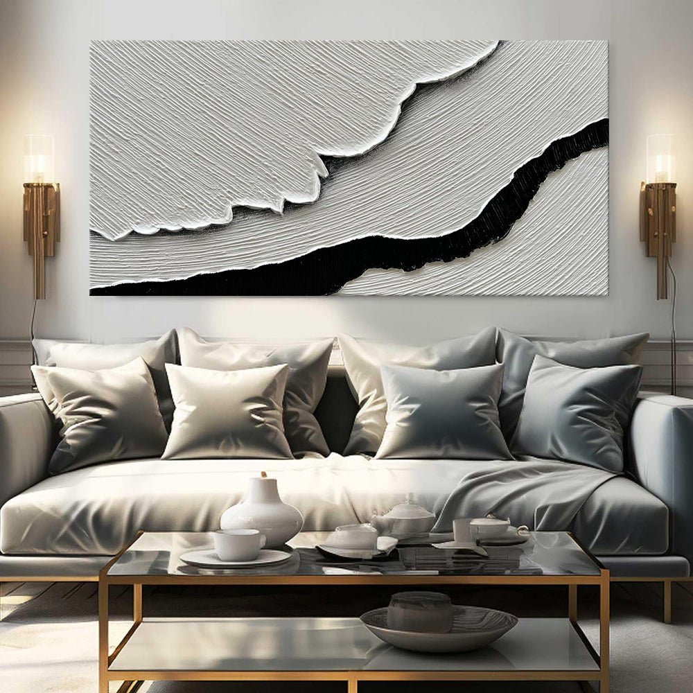 Peinture huile abstraite vagues marines noir et blanc toile murale horizontale XL - IVOIRART.COM