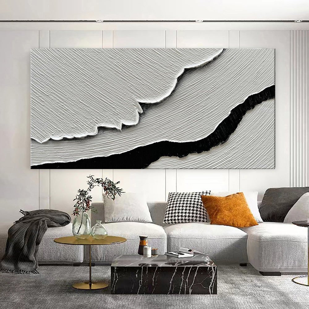 Peinture huile abstraite vagues marines noir et blanc toile murale horizontale XL - IVOIRART.COM