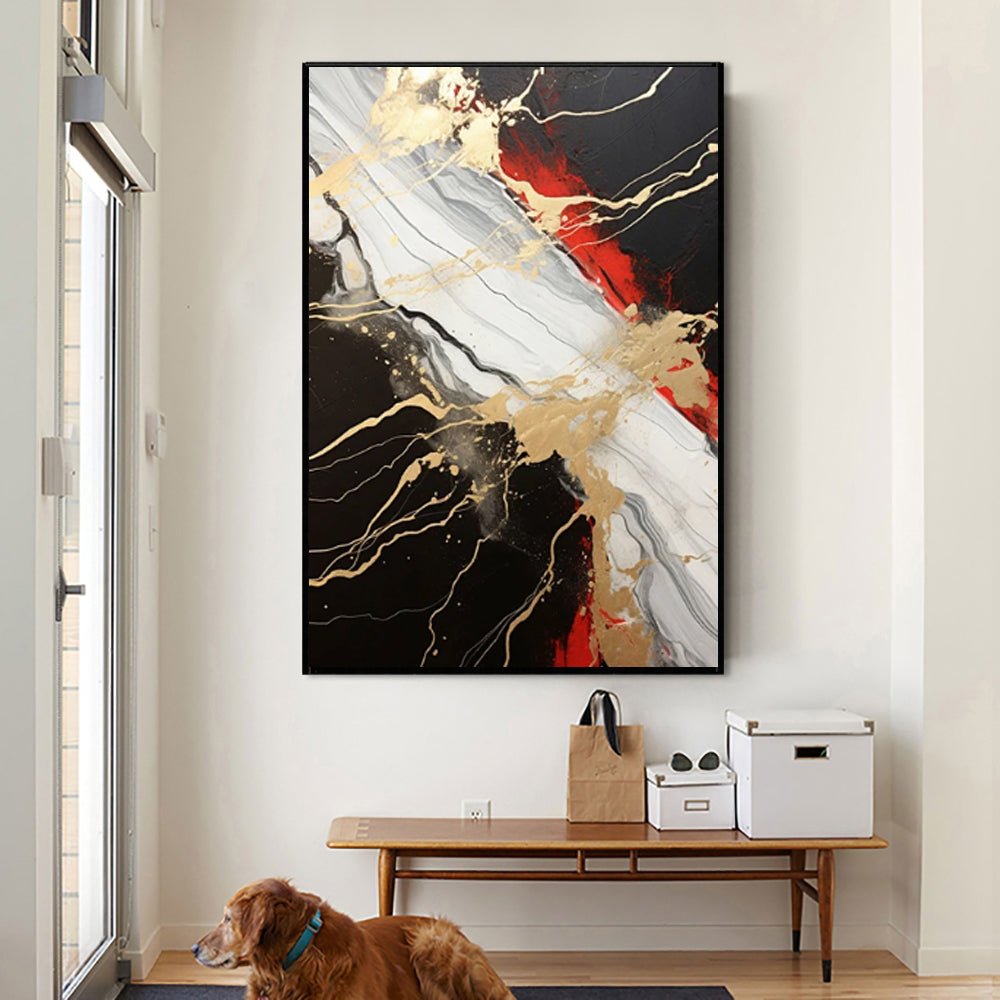 Peinture huile abstraite vintage or noir rouge tableau original fait main salon! - IVOIRART.COM