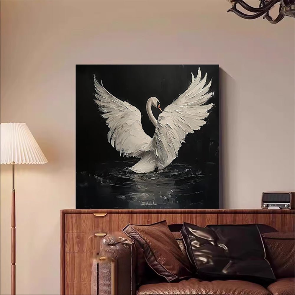 Peinture huile faite main Cygne Noir abstrait sans cadre Décor moderne 70x70cms. - IVOIRART.COM