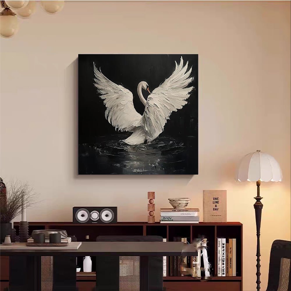 Peinture huile faite main Cygne Noir abstrait sans cadre Décor moderne 70x70cms. - IVOIRART.COM
