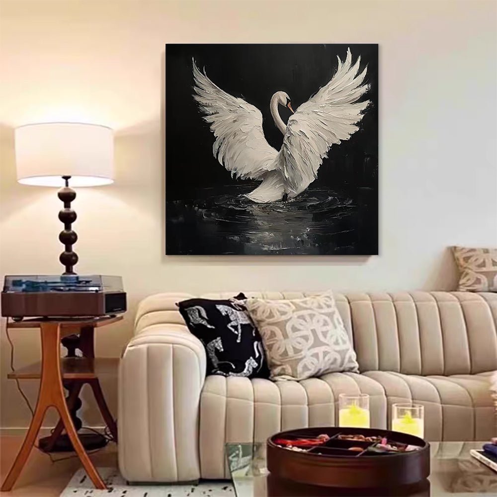 Peinture huile faite main Cygne Noir abstrait sans cadre Décor moderne 70x70cms. - IVOIRART.COM