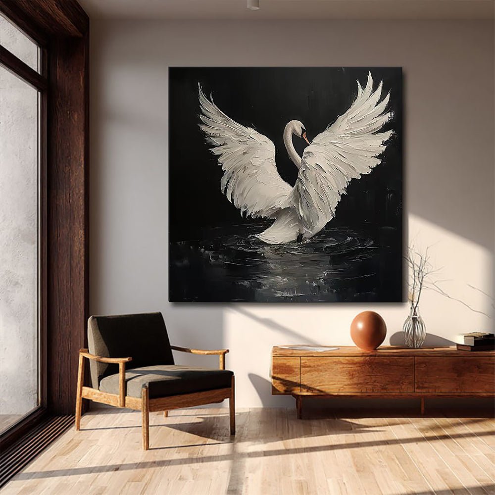 Peinture huile faite main Cygne Noir abstrait sans cadre Décor moderne 70x70cms. - IVOIRART.COM