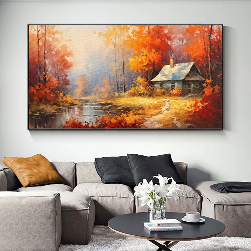 Peinture huile faite main sur toile - Paysage rural orange-rouge décor mural - 1 - IVOIRART.COM