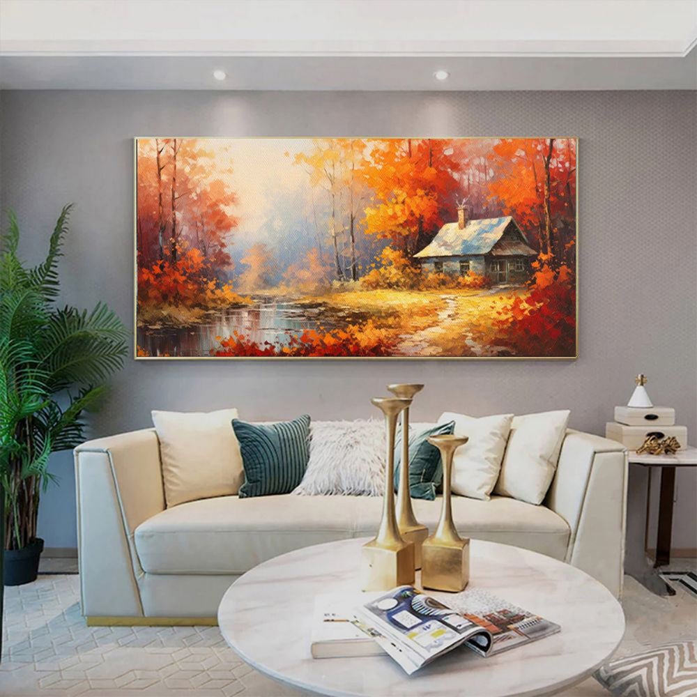 Peinture huile faite main sur toile - Paysage rural orange-rouge décor mural - 1 - IVOIRART.COM