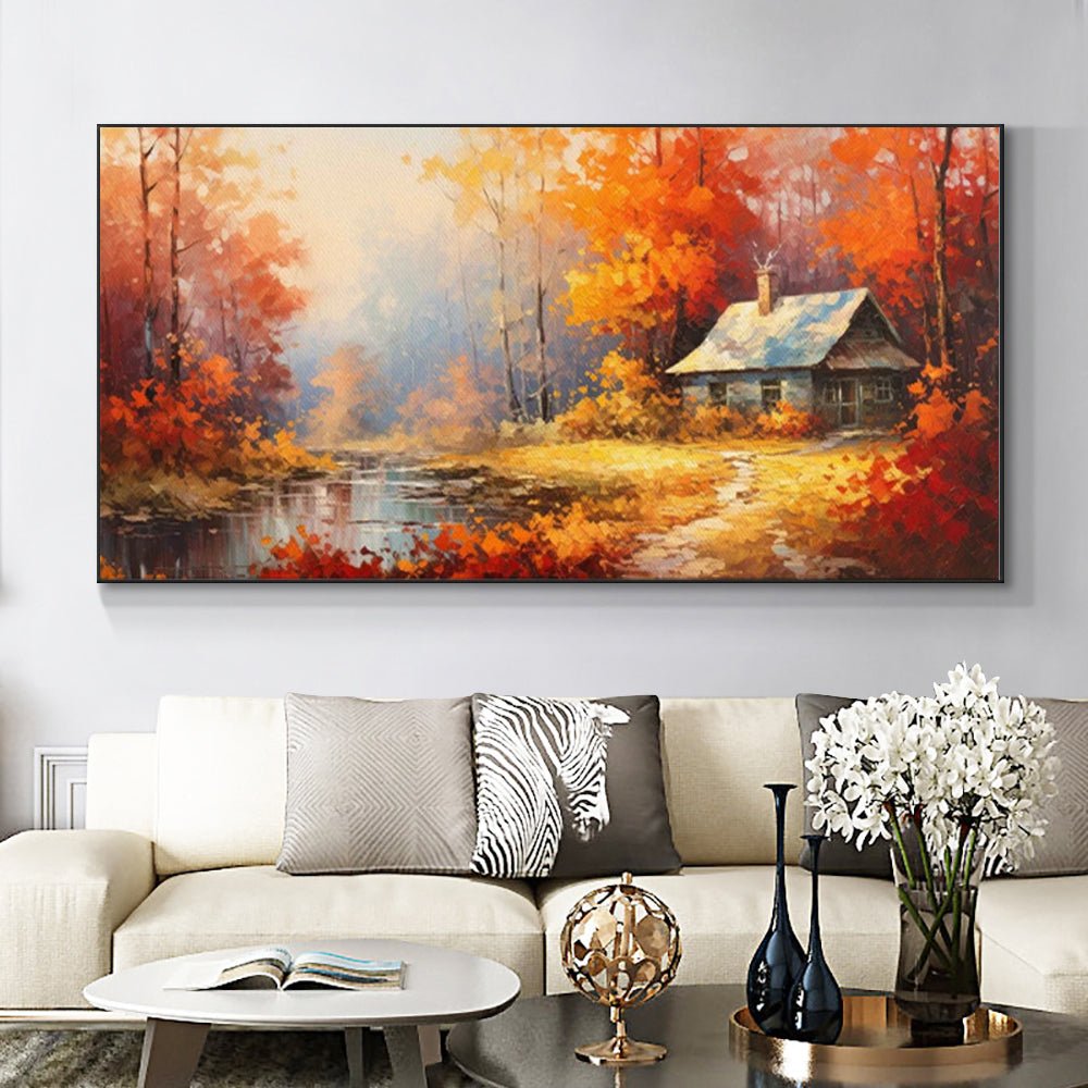 Peinture huile faite main sur toile - Paysage rural orange-rouge décor mural - 1 - IVOIRART.COM