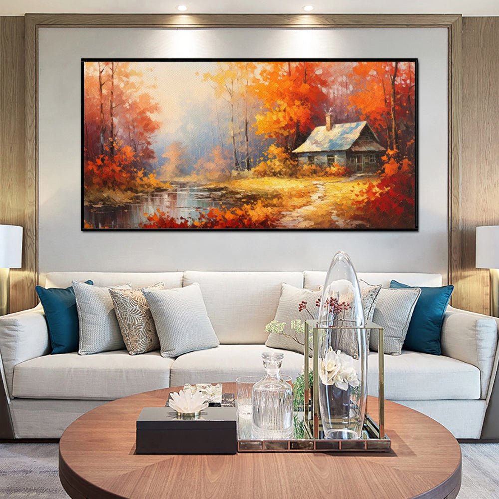Peinture huile faite main sur toile - Paysage rural orange-rouge décor mural - 1 - IVOIRART.COM