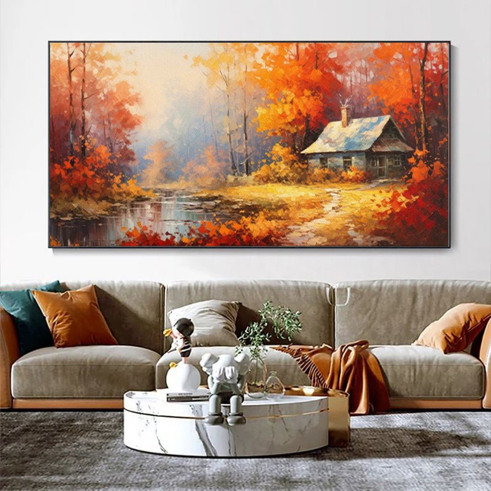 Peinture huile faite main sur toile - Paysage rural orange-rouge décor mural - 1 - IVOIRART.COM
