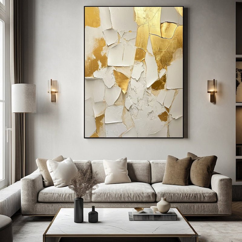 Peinture huile main dorée et blanche sur toile texturée, œuvre mural minimaliste - IVOIRART.COM
