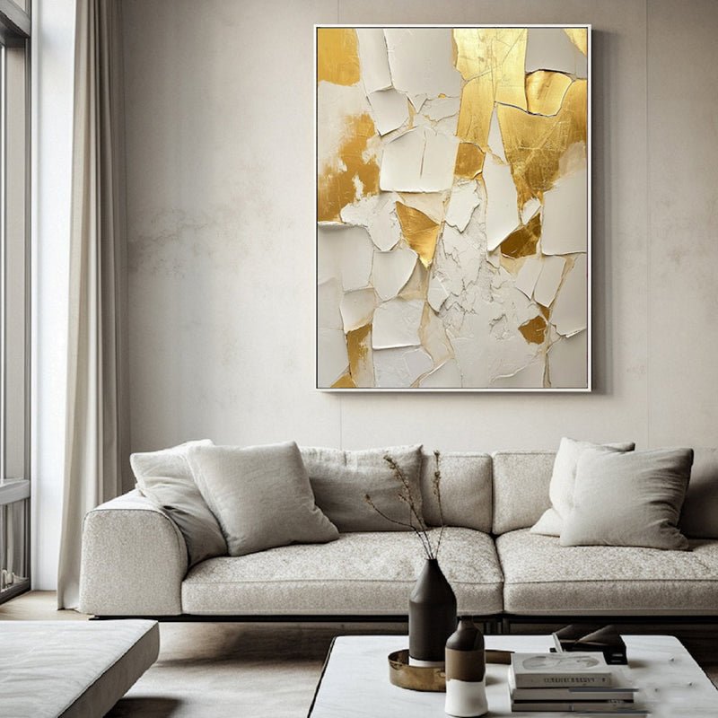 Peinture huile main dorée et blanche sur toile texturée, œuvre mural minimaliste - IVOIRART.COM