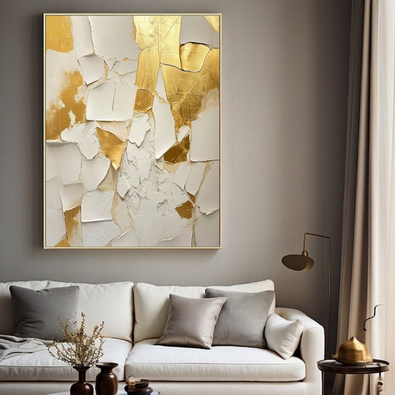 Peinture huile main dorée et blanche sur toile texturée, œuvre mural minimaliste - IVOIRART.COM