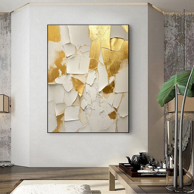 Peinture huile main dorée et blanche sur toile texturée, œuvre mural minimaliste - IVOIRART.COM