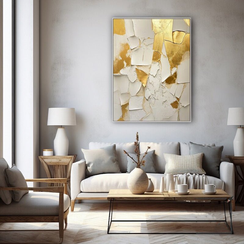 Peinture huile main dorée et blanche sur toile texturée, œuvre mural minimaliste - IVOIRART.COM