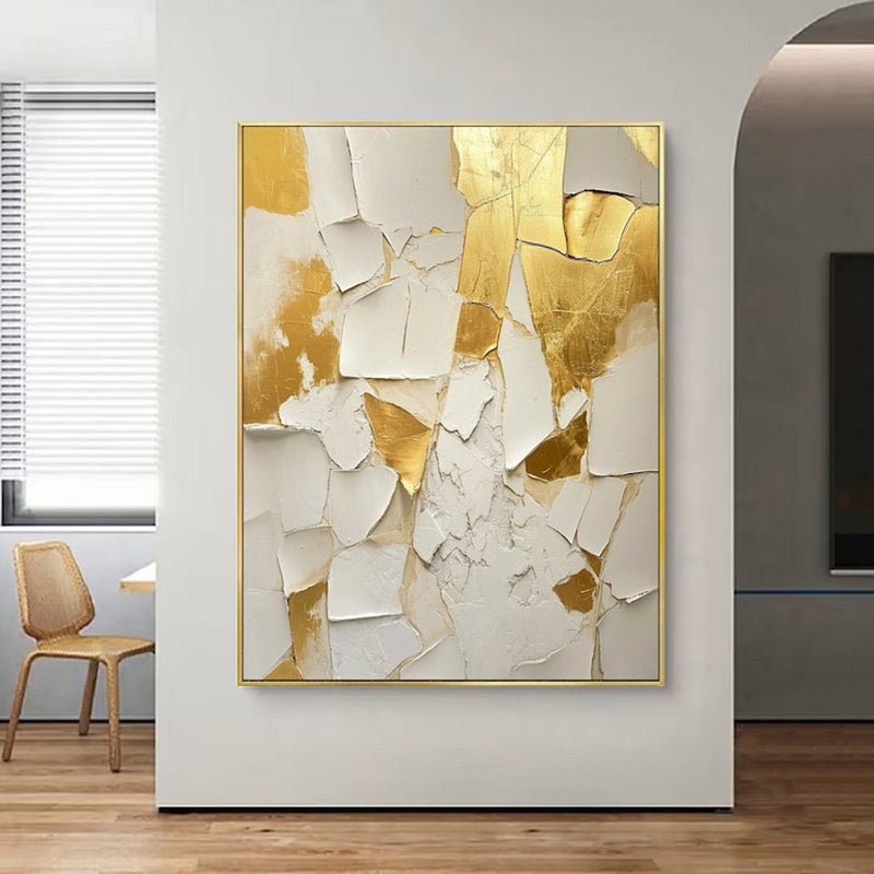 Peinture huile main dorée et blanche sur toile texturée, œuvre mural minimaliste - IVOIRART.COM